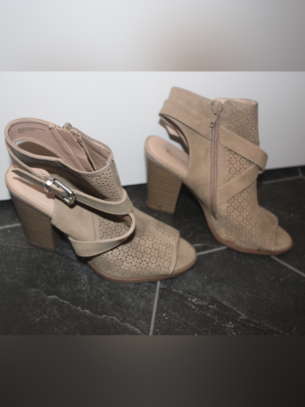 Restricted Mallow Tan Taupe Perforated Open Toe Block Heel Booties - Size 7